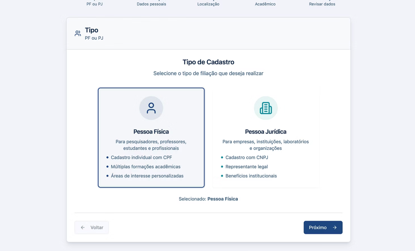 Tela de Seleção de Cadastro